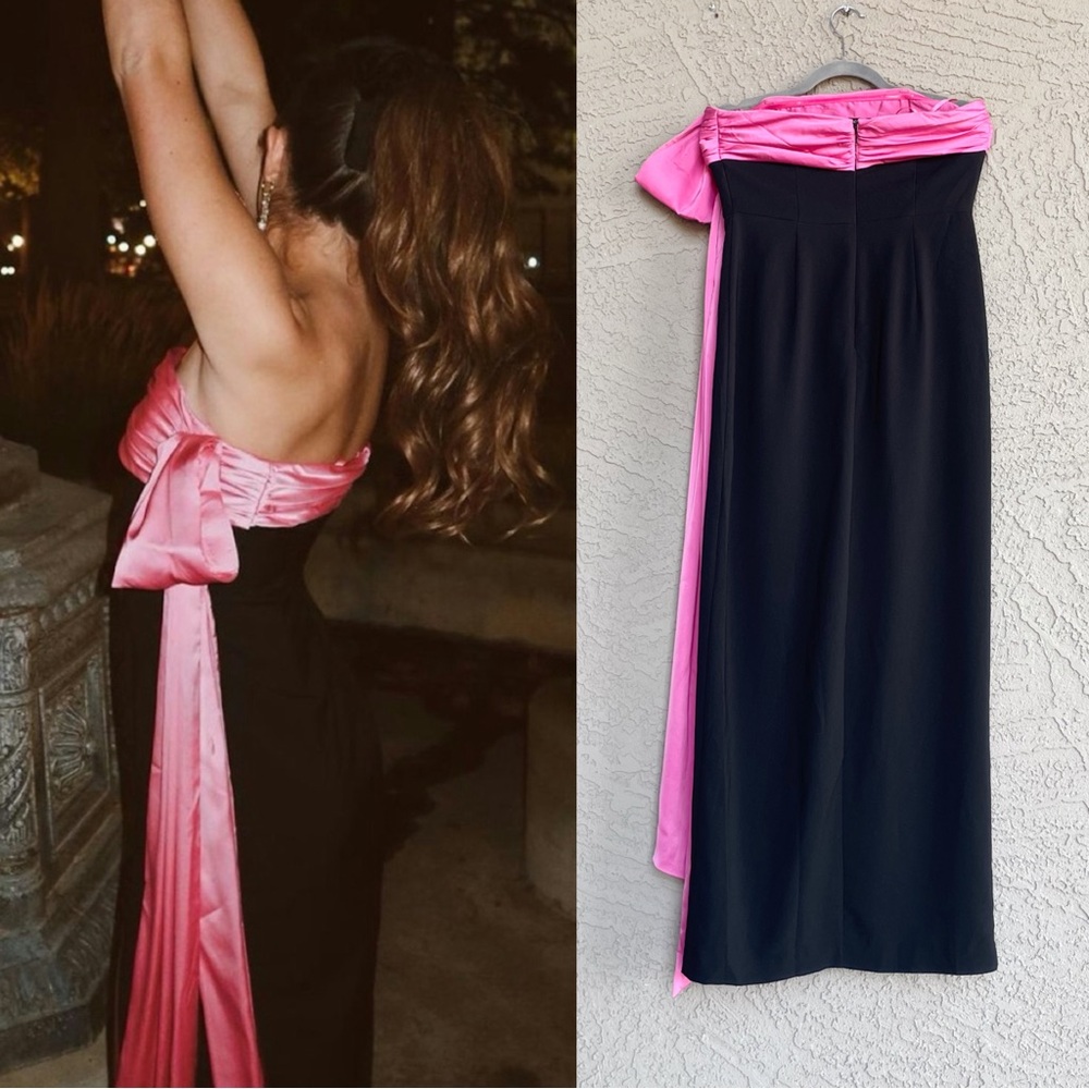 HUTCH NWT BLOGGER Black Pink Satin Drape Strapless Column Maxi Dress Serina Gown - Picture 15 of 17